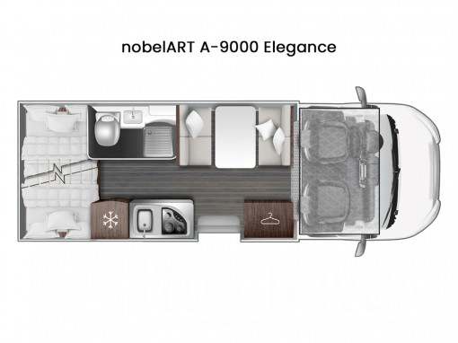 Půdorysný plán obytného vozu Ford Transit nobelART A9000 Elegance - model 2024